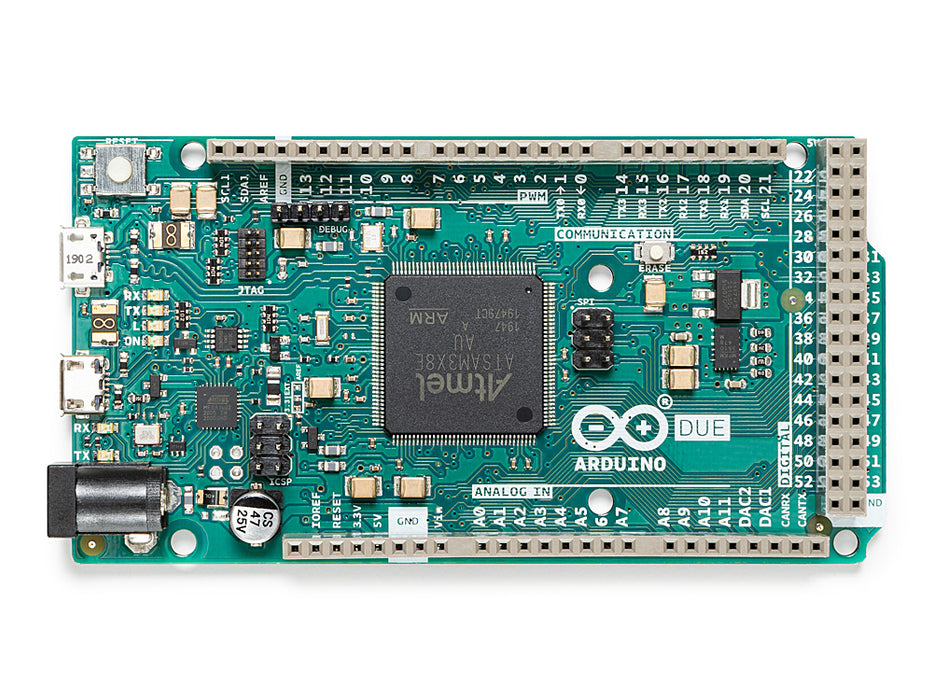 Photo of an Arduino Due board, top-down view, showing the ARM Cortex-M3 chip and micro USB ports