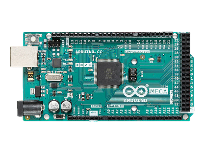 Photo of an Arduino Mega 2560 board, top-down view, showing its extended row of digital I/O headers