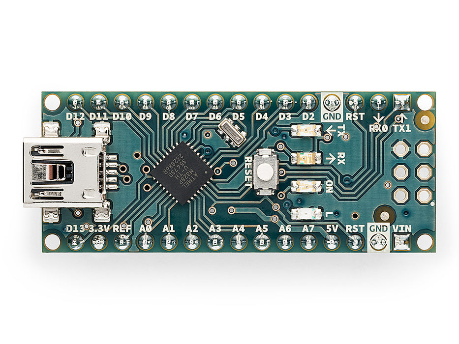 Photo of a classic Arduino Nano board, top-down view, showing the mini USB port and breadboard-friendly pin layout