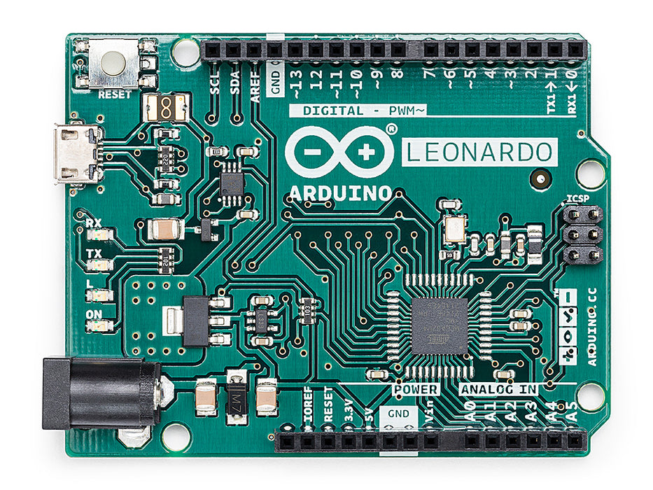Photo of an Arduino Leonardo board, top-down view, showing the ATmega32U4 chip used for native USB HID support