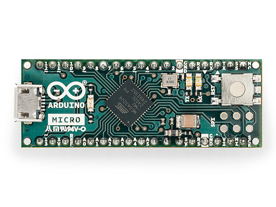 Photo of an Arduino Micro board, top-down view, a smaller USB HID capable board in the same family as the Leonardo