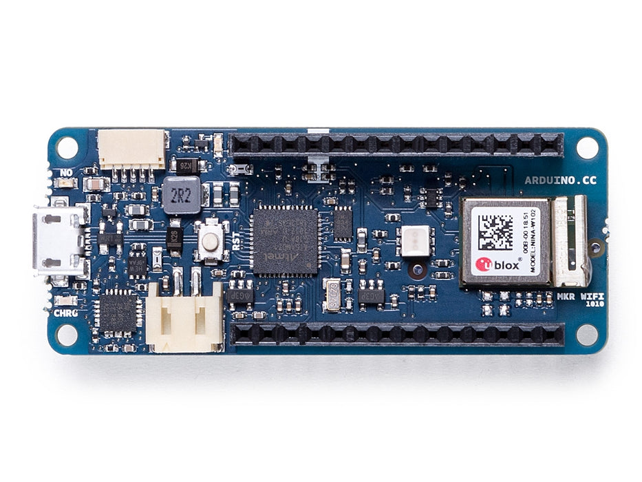 Photo of an Arduino MKR WiFi 1010 board, top-down view, showing the u-blox WiFi and Bluetooth module