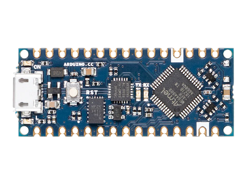 Photo of an Arduino Nano Every board, top-down view, showing its compact breadboard-friendly form factor