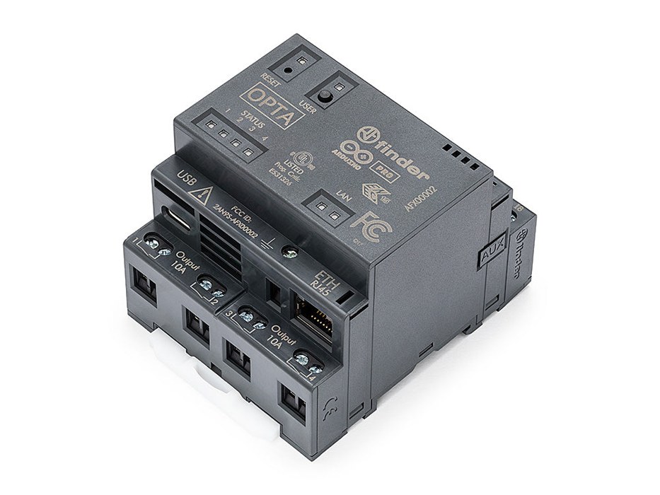 Photo of an Arduino Opta WiFi micro PLC, a DIN rail mounted gray industrial controller with screw terminals for its relay outputs