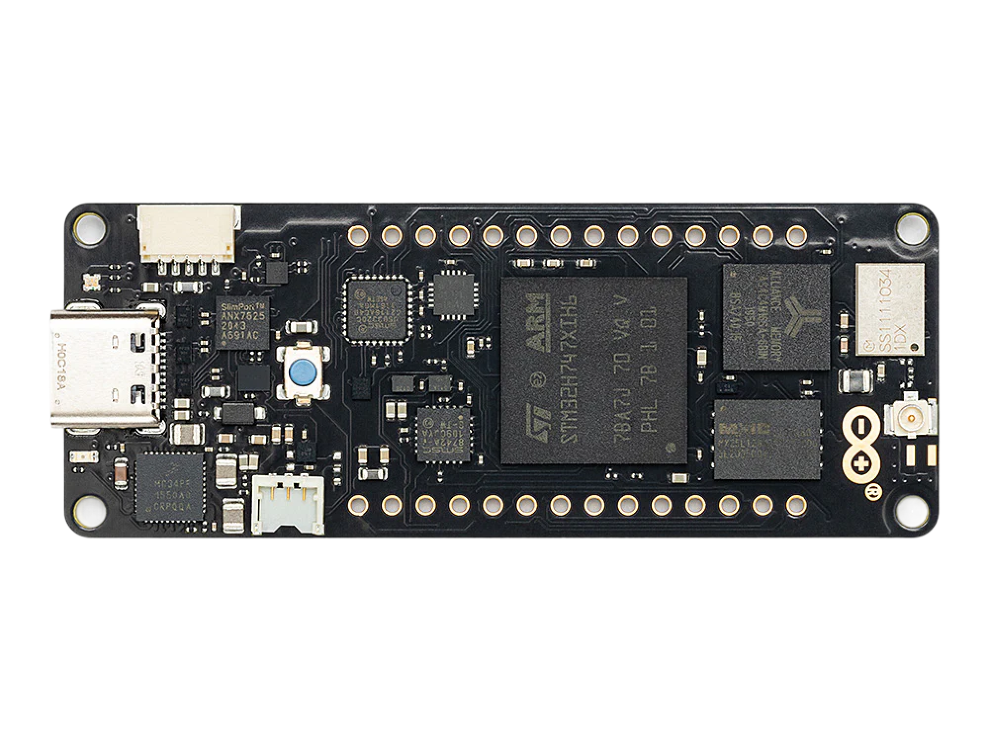 Photo of an Arduino Portenta H7 board, top-down view, the flagship board in the Portenta family