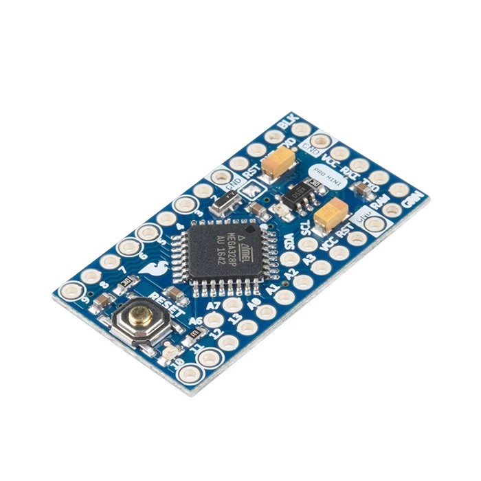 Photo of an Arduino Pro Mini board, angled top view, a very small board with no USB port and pin headers along its edges