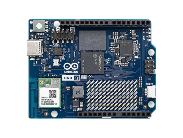 Photo of an Arduino Uno Q board, top-down view, showing the Qualcomm processor and STM32 microcontroller sharing the classic Uno footprint