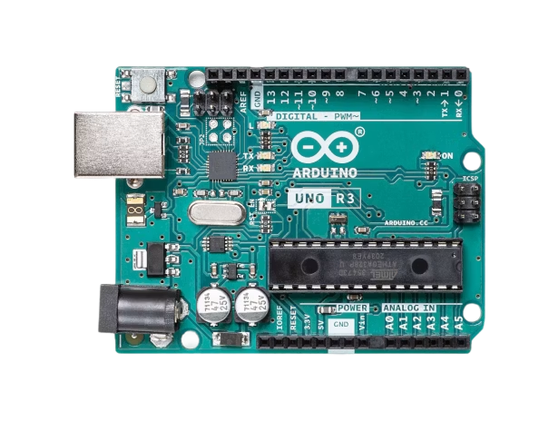 Photo of an Arduino Uno R3 board, top-down view, the standard starting point for this series