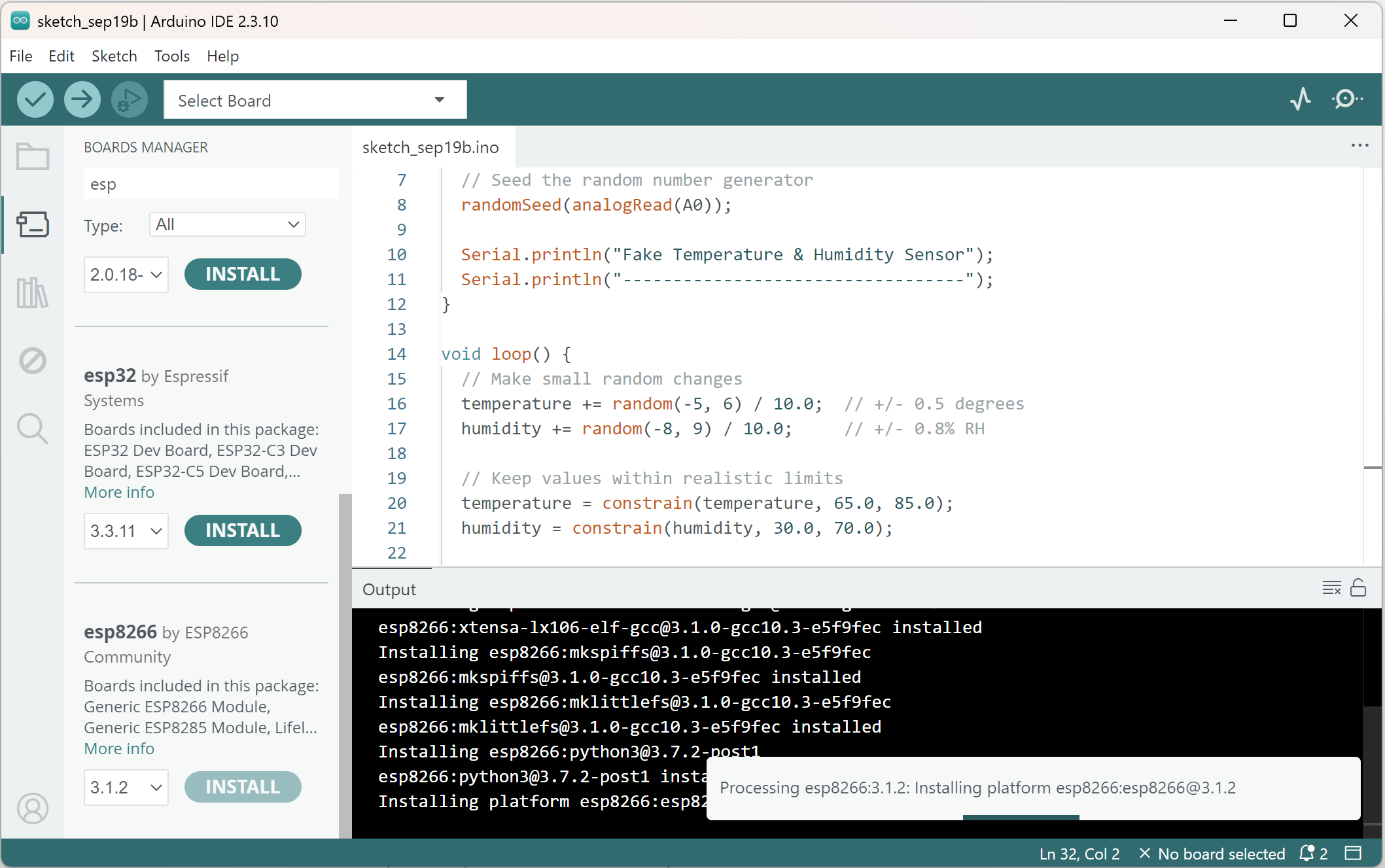 Arduino IDE Boards Manager showing ESP8266 board package installation