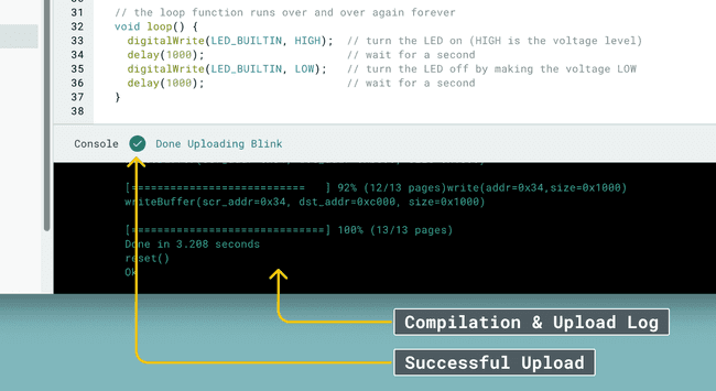 A successful upload in the Arduino Cloud Editor's console log, the same output you would see after uploading from a Chromebook. The ChromeOS USB permission prompt itself is still needed as a separate shot when you have a Chromebook and a board on hand.