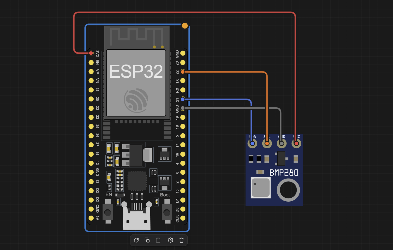 Electronics Lab wiring view: ESP32 3V3 to the BMP280 VCC, GPIO 21 to SDA, GPIO 22 to SCL and GND to GND
