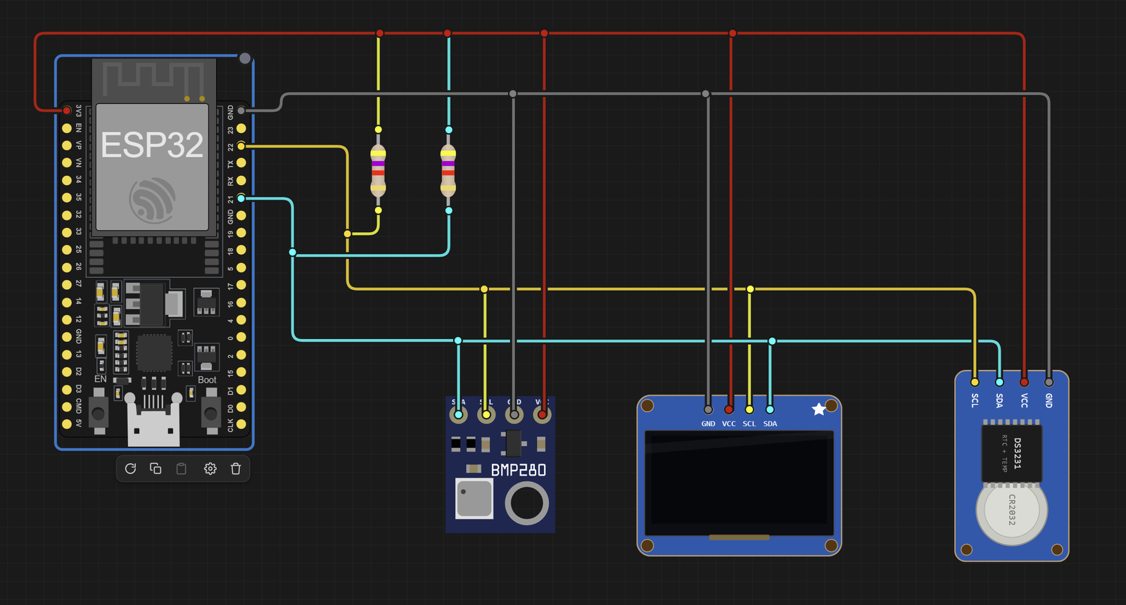 Electronics Lab view of one I2C bus: the ESP32 GPIO 22 (SCL) and GPIO 21 (SDA) lines run to a BMP280, an SSD1306 OLED and a DS3231 clock chip, with a 4.7 kilohm pull-up resistor from 3.3 volts on each line and shared power and ground