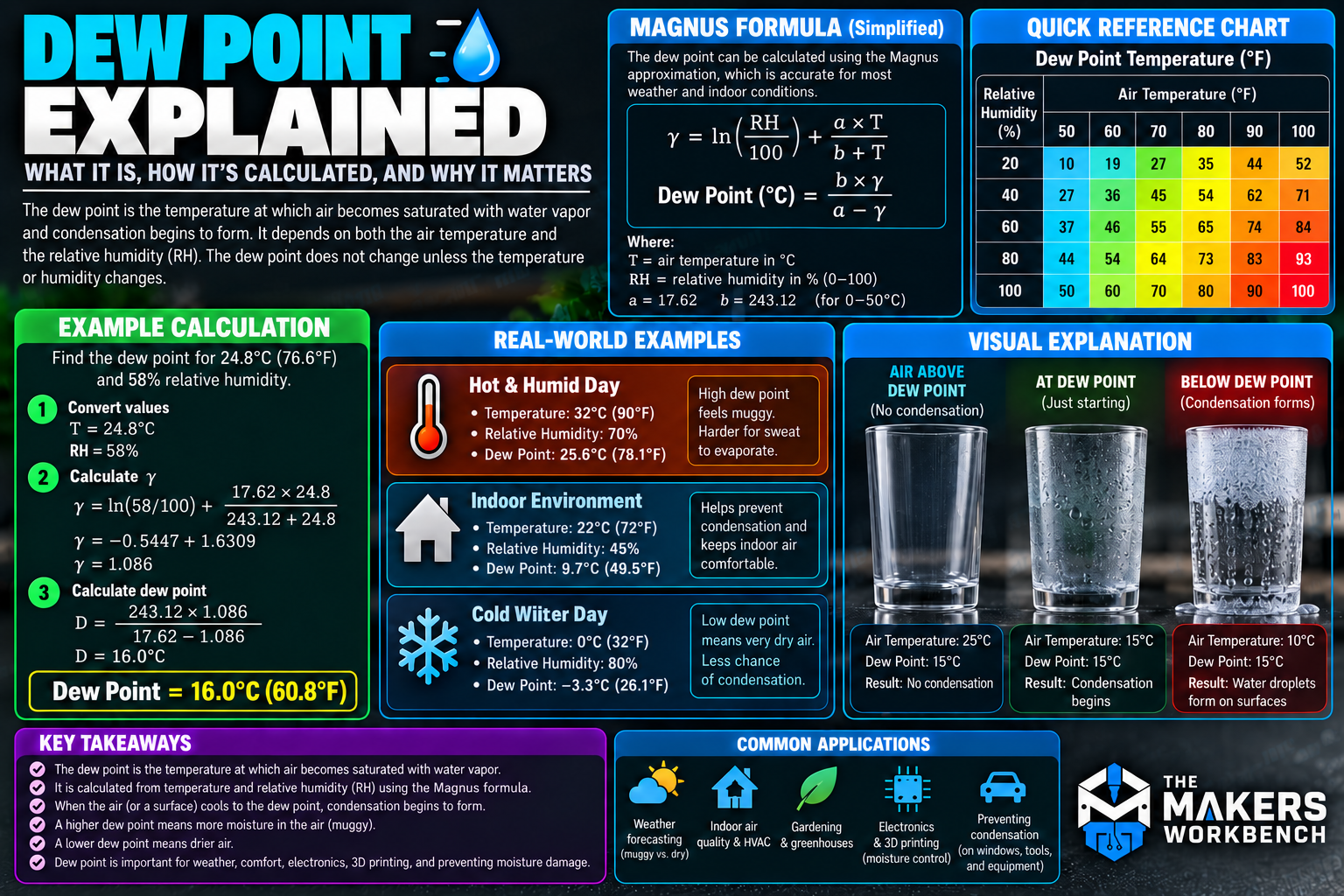 Dew point reference showing the Magnus formula, a worked example, a quick reference chart, and glasses at, above, and below the dew point