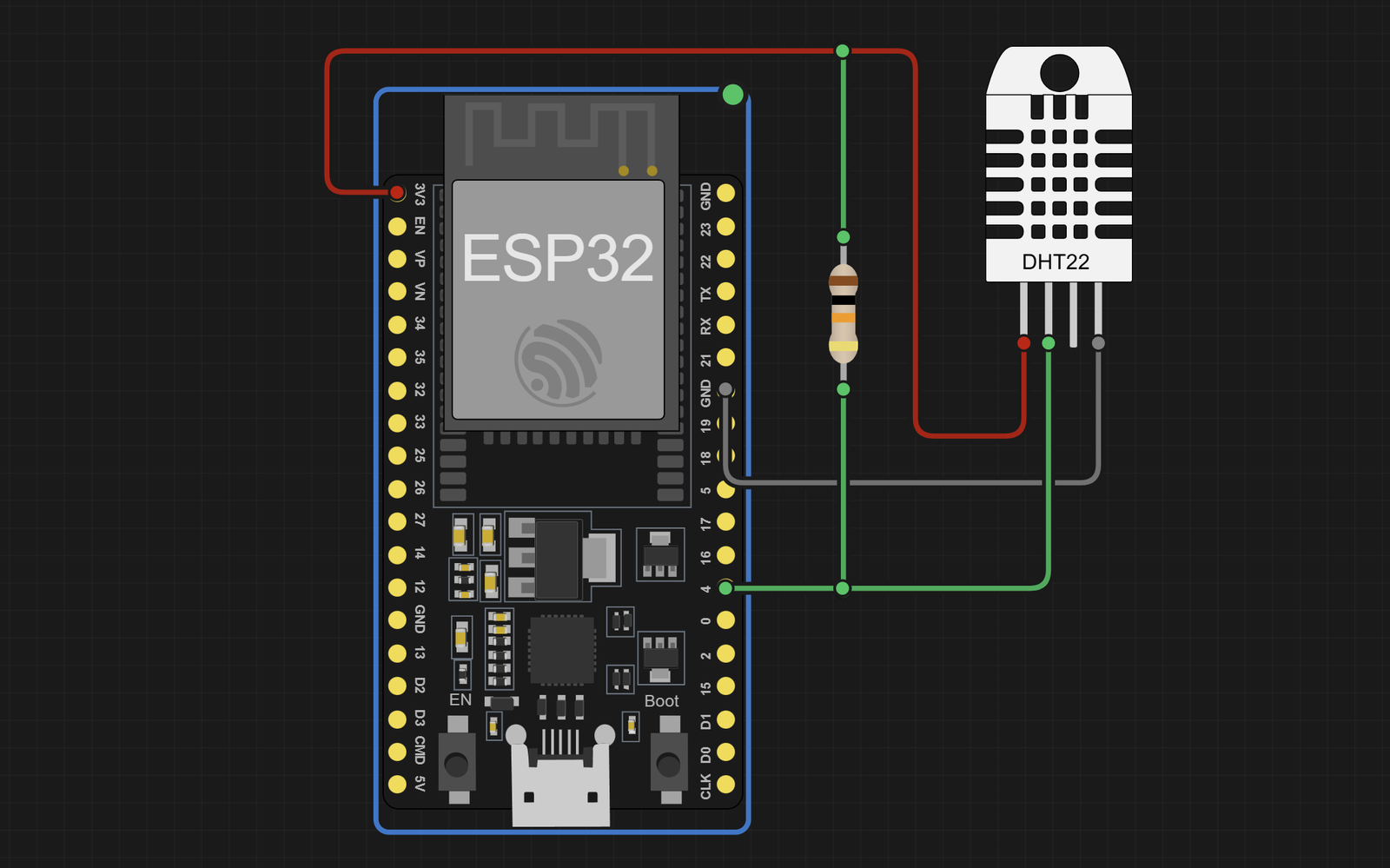 Electronics Lab wiring view: DHT22 VCC to ESP32 3V3, DATA to GPIO 4, GND to GND, and a 10 kilohm pull-up resistor between DATA and 3V3