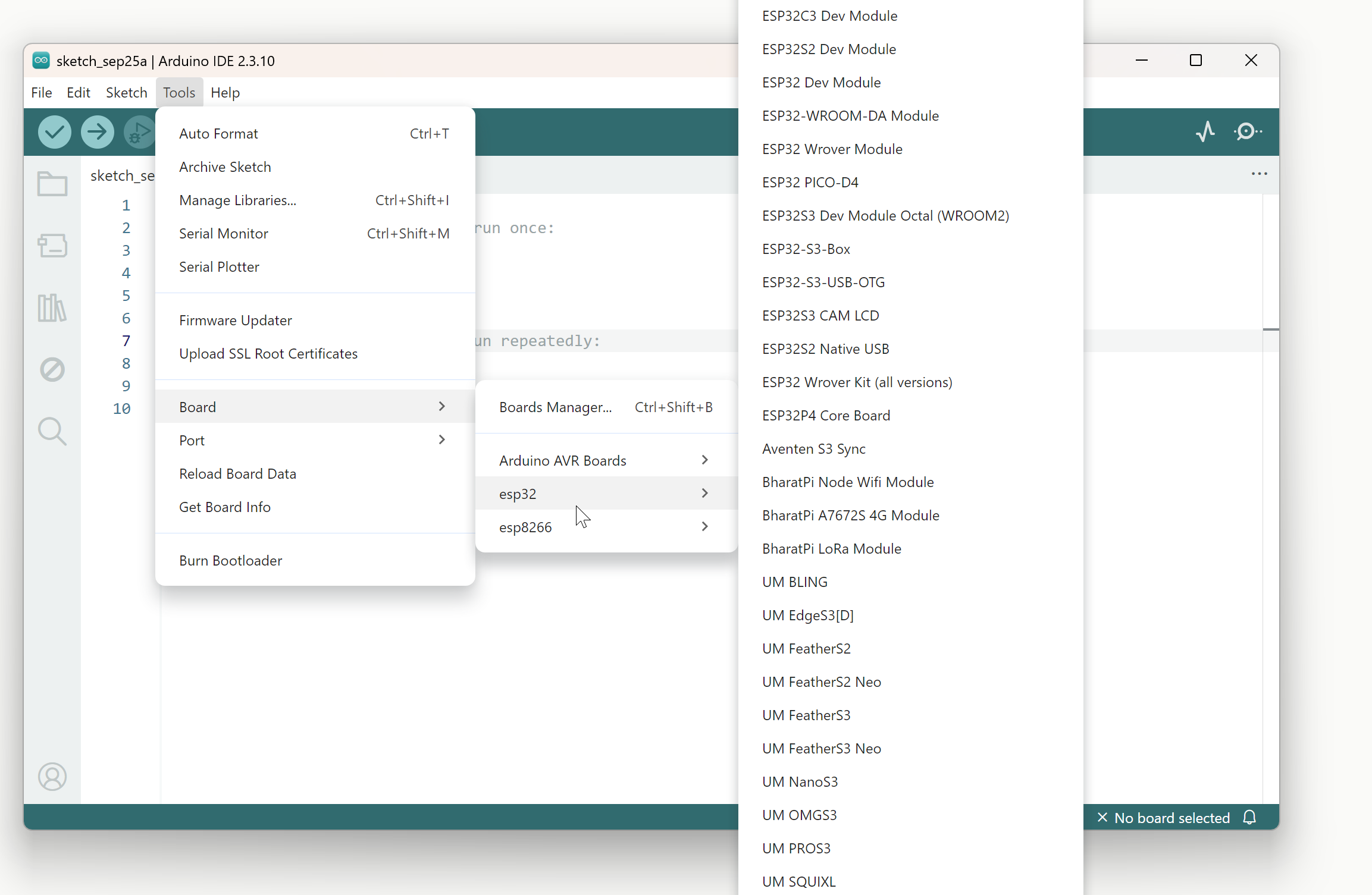 The Tools menu with ESP32 Dev Module selected, showing the extra ESP-only items like Upload Speed, Flash Size, and Partition Scheme.