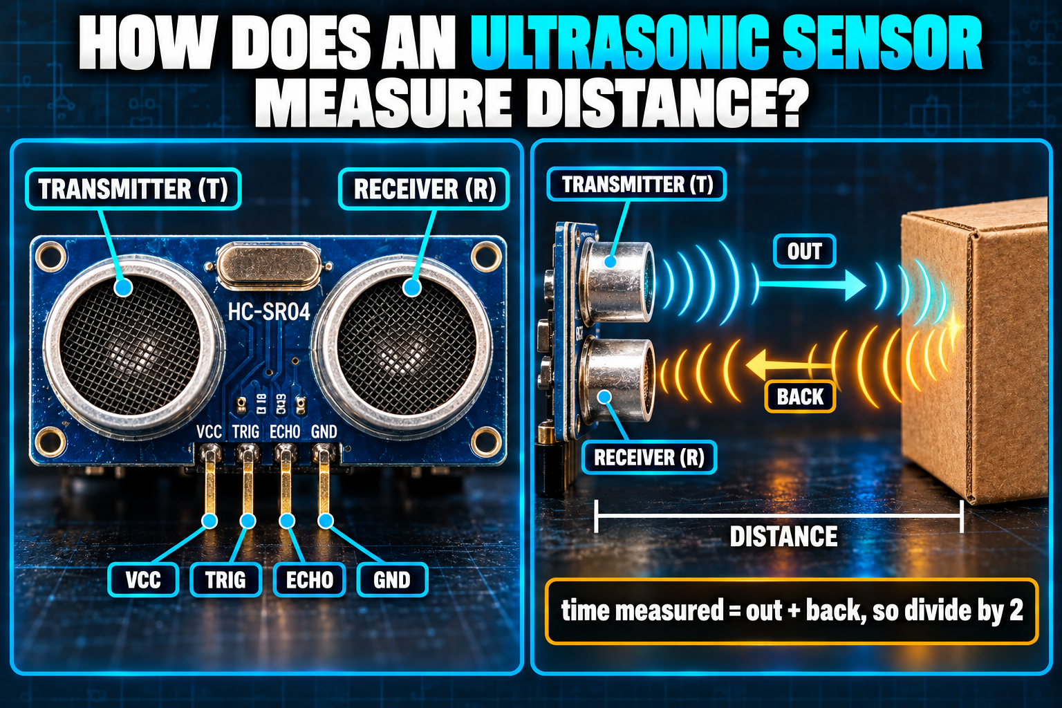 The HC-SR04 module with its transmitter, receiver, and four pins labeled, beside a diagram of sound traveling out to a box and echoing back, noting that the measured time covers the round trip so you divide by two