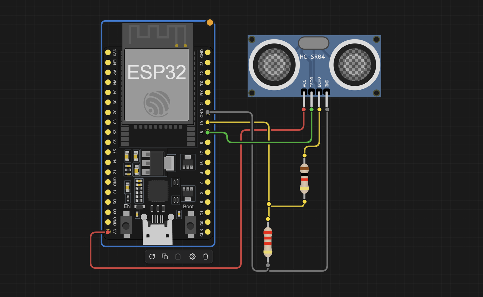 Electronics Lab wiring view: ESP32 5V to HC-SR04 VCC, GPIO 18 to TRIG, ECHO through a 1 kilohm and 2.2 kilohm voltage divider to GPIO 19, and a shared ground