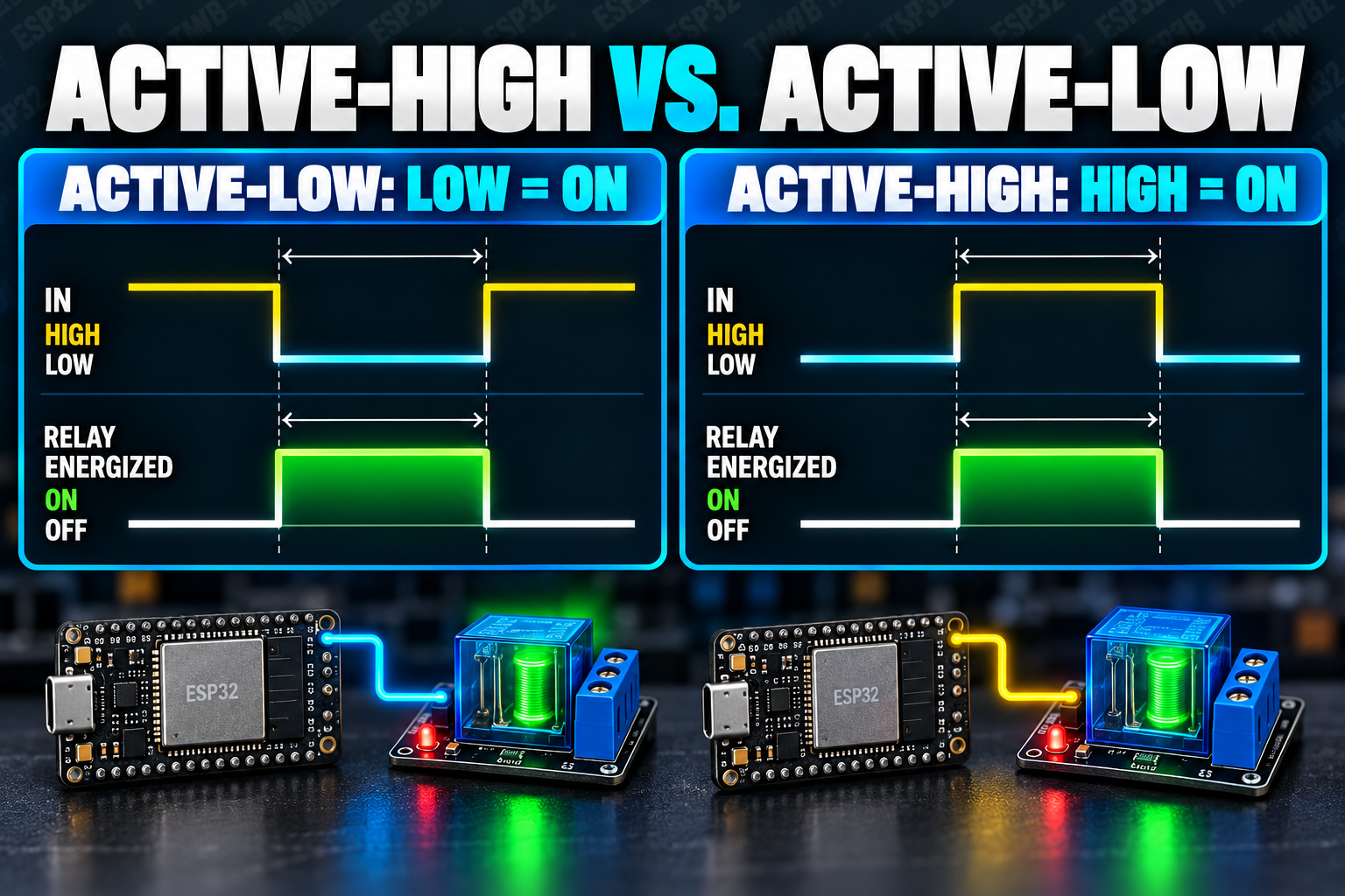 Timing charts comparing an active-LOW relay module, which turns on when IN is LOW, with an active-HIGH module, which turns on when IN is HIGH