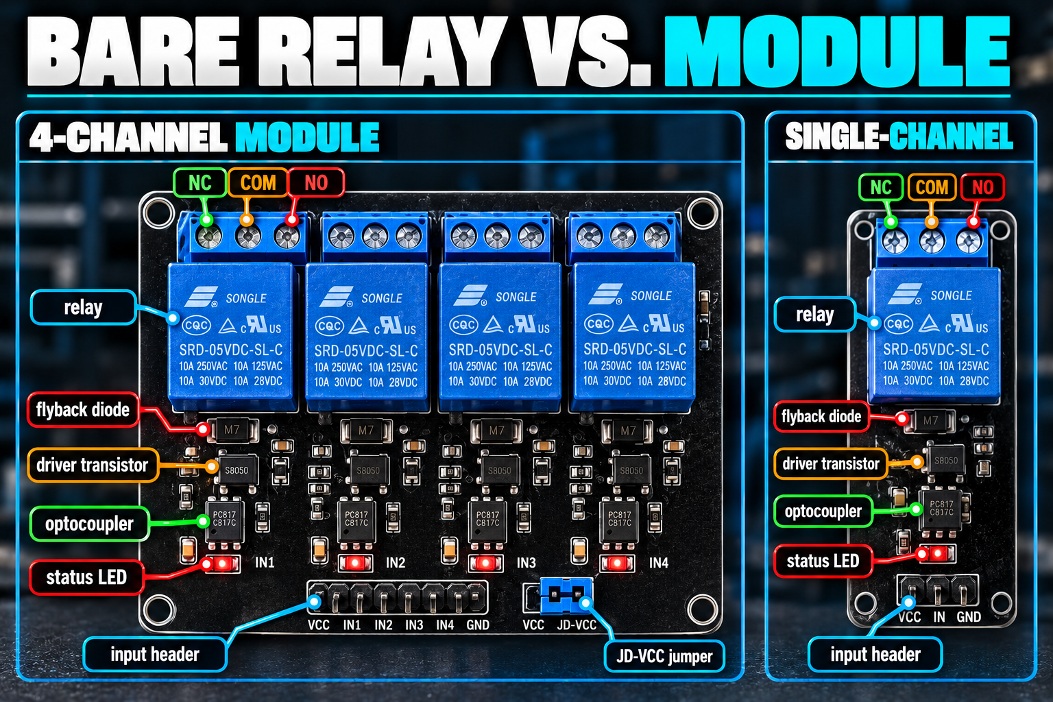 Annotated 4-channel and single-channel relay modules labeling the relay, flyback diode, driver transistor, optocoupler, status LED, input header, JD-VCC jumper, and NC, COM, NO terminals