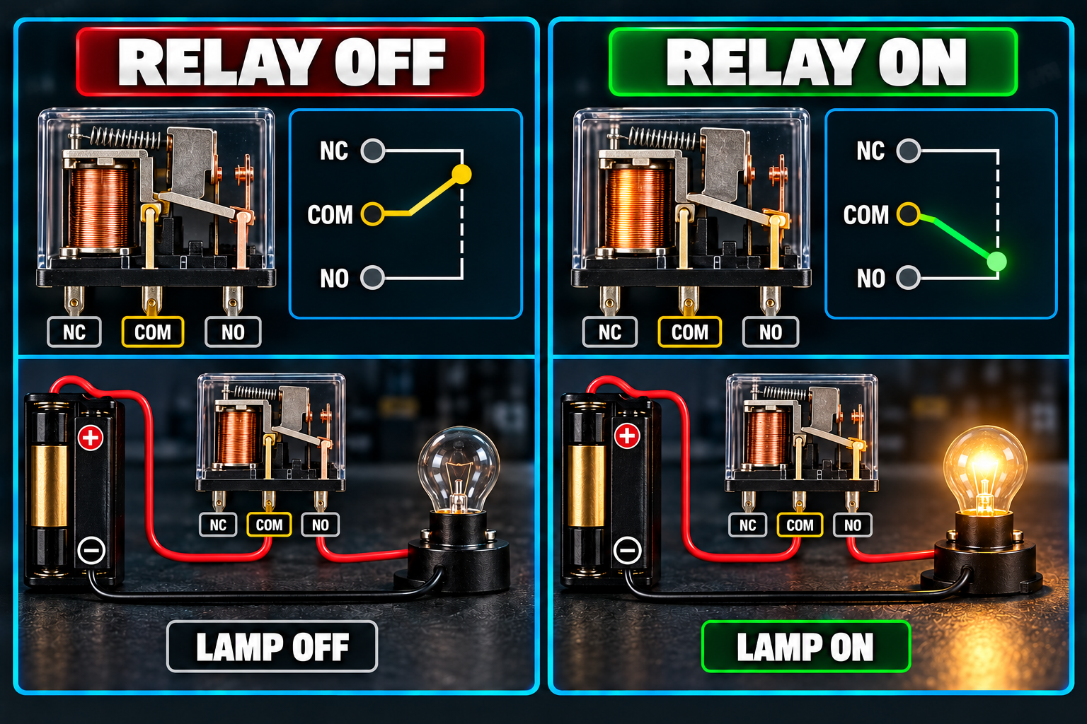 Two panels showing a relay off and on, with the COM contact connected to NC when off and to NO when on, and a lamp circuit that is dark when off and lit when on