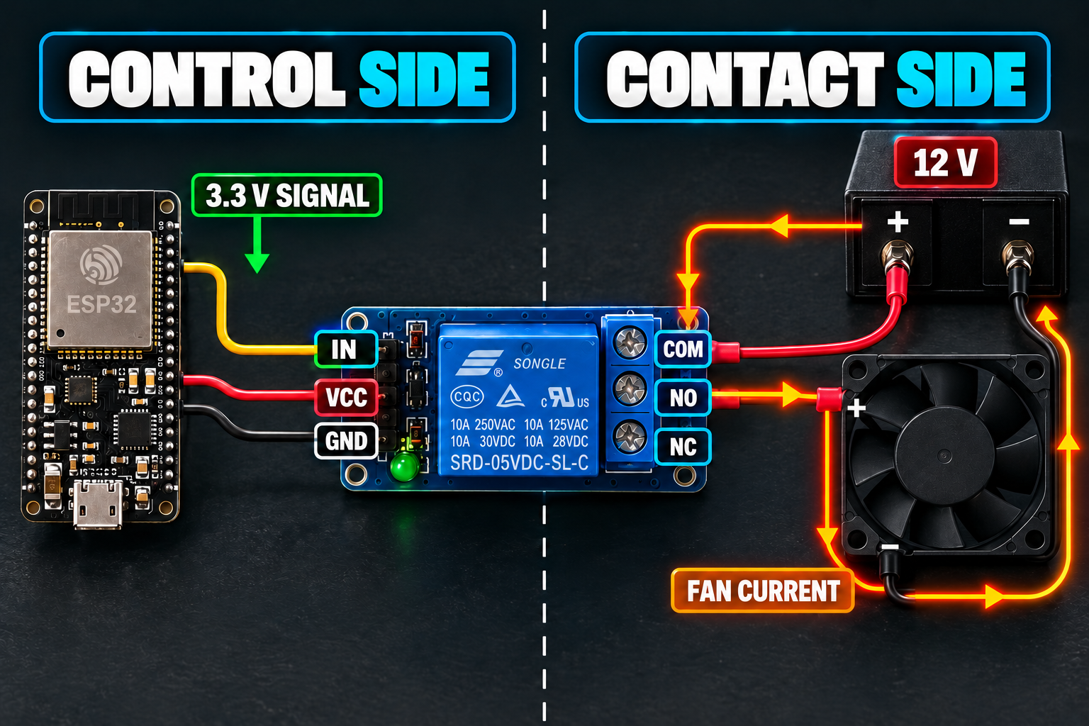 Diagram dividing a relay module into the control side, where the ESP32 sends a 3.3 V signal to IN, VCC and GND, and the contact side, where a 12 V supply powers a fan through COM and NO