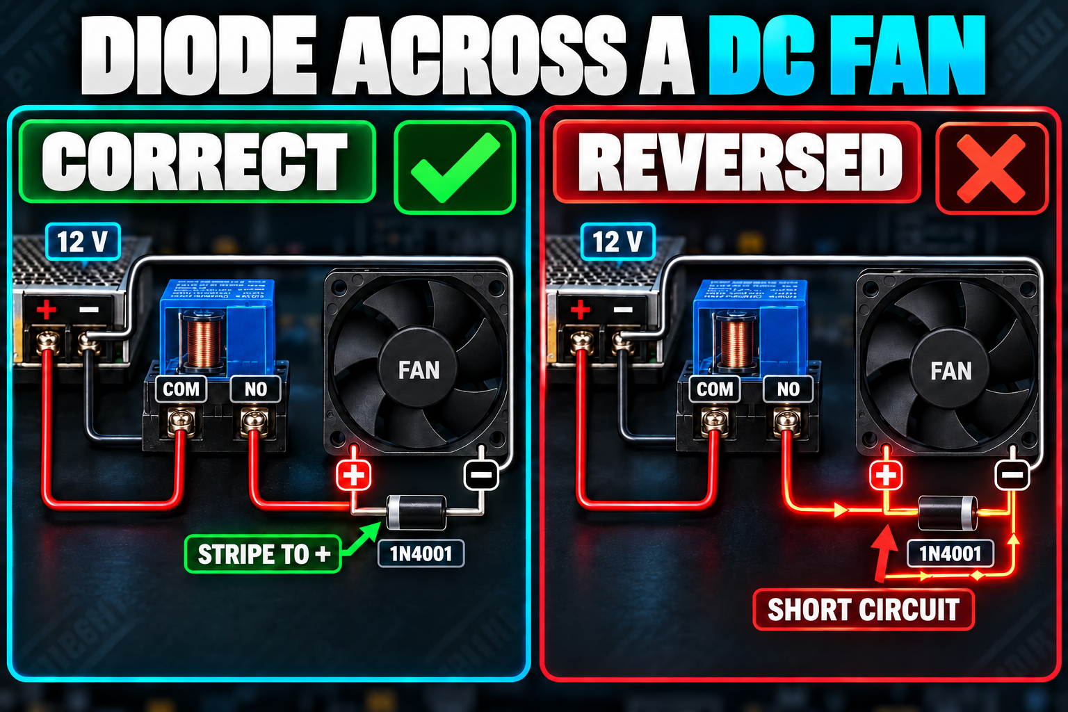 Wiring of a 12 V supply, relay COM and NO contacts, and a fan, with a 1N4001 diode across the fan, correct with the stripe toward the plus side and reversed, which shorts the fan
