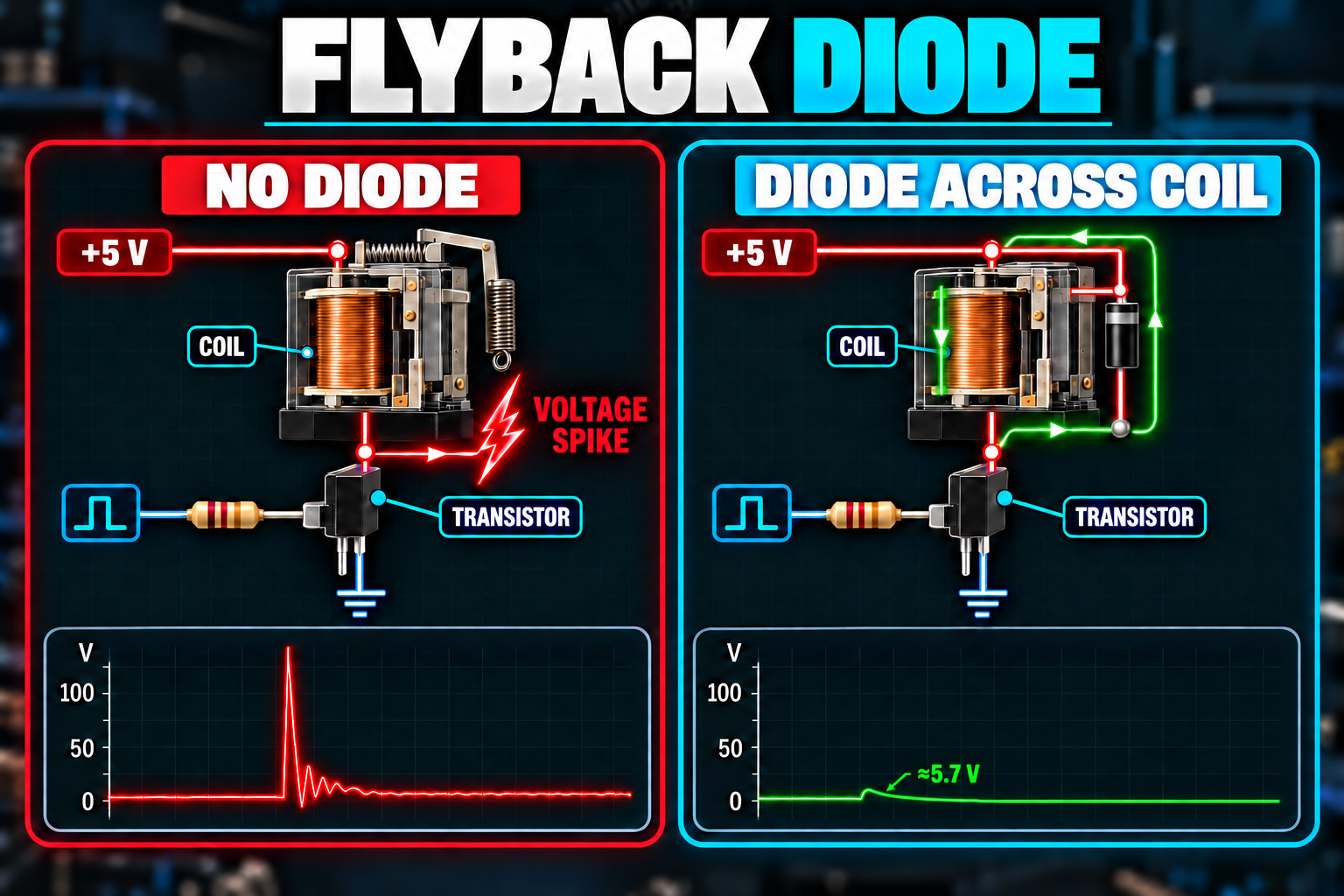 Comparison of a relay coil switched by a transistor with no diode, producing a large voltage spike, and with a flyback diode across the coil, giving the current a loop and a small voltage bump