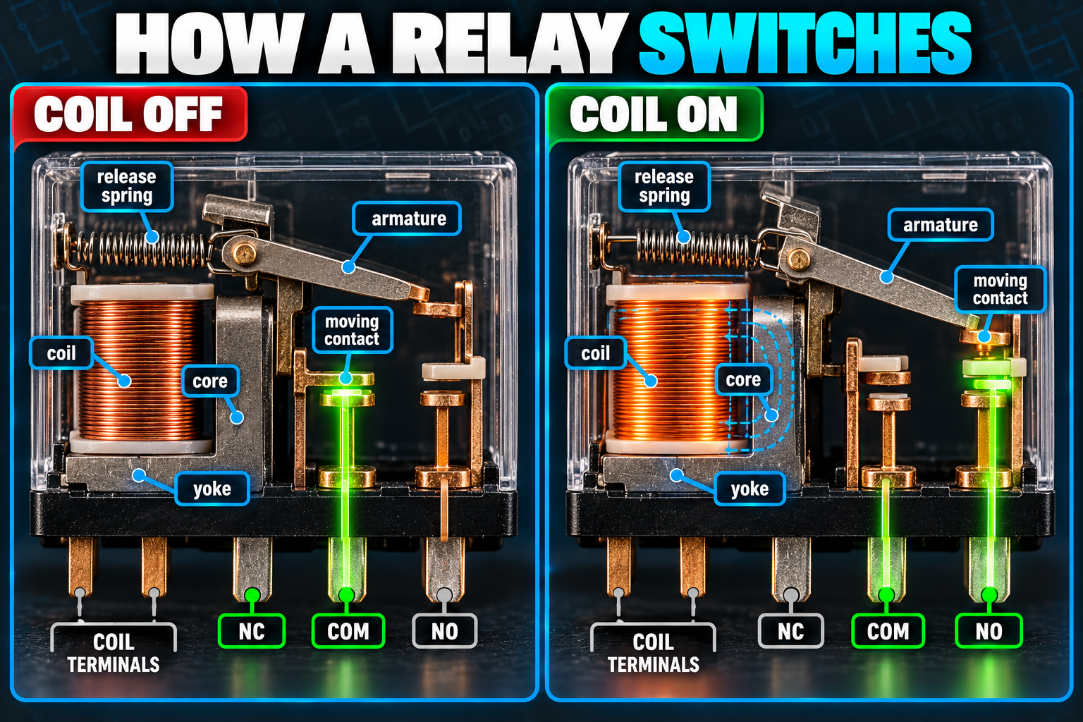 Side-by-side cutaway of a relay with the coil off and the coil on, showing the coil, core, armature, release spring, and the moving contact touching NC when off and NO when energized