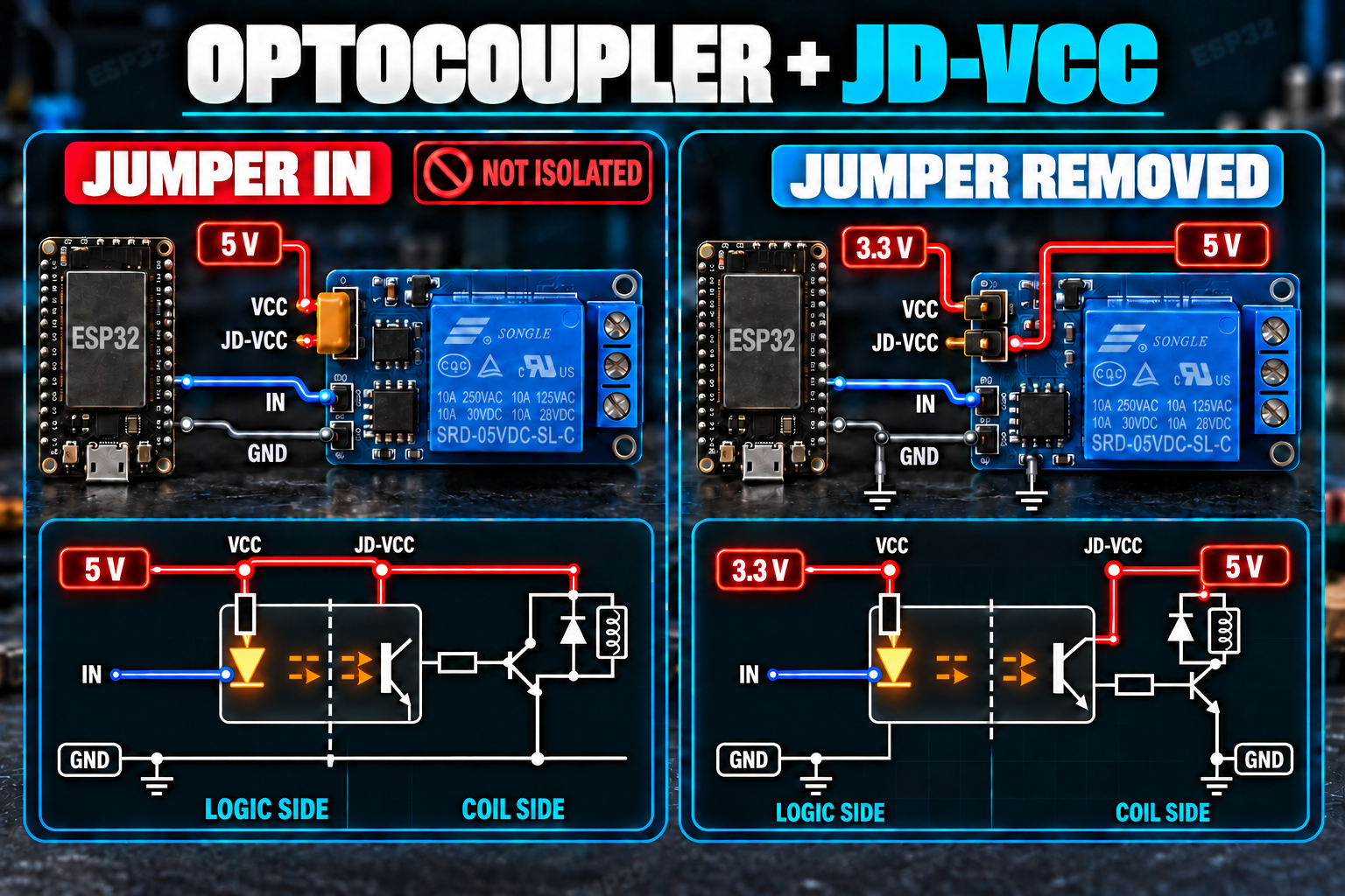 Relay module wiring and schematics with the JD-VCC jumper in, sharing one 5 V supply and not isolated, and with the jumper removed, using 3.3 V for the optocoupler side and 5 V for the coil side