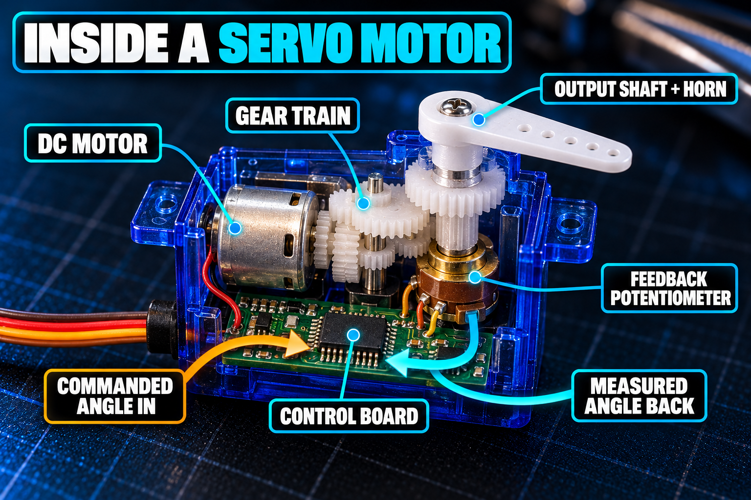 Cutaway of an SG90 micro servo labeling the DC motor, gear train, output shaft and horn, feedback potentiometer and control board, with arrows showing the commanded angle going in and the measured angle coming back