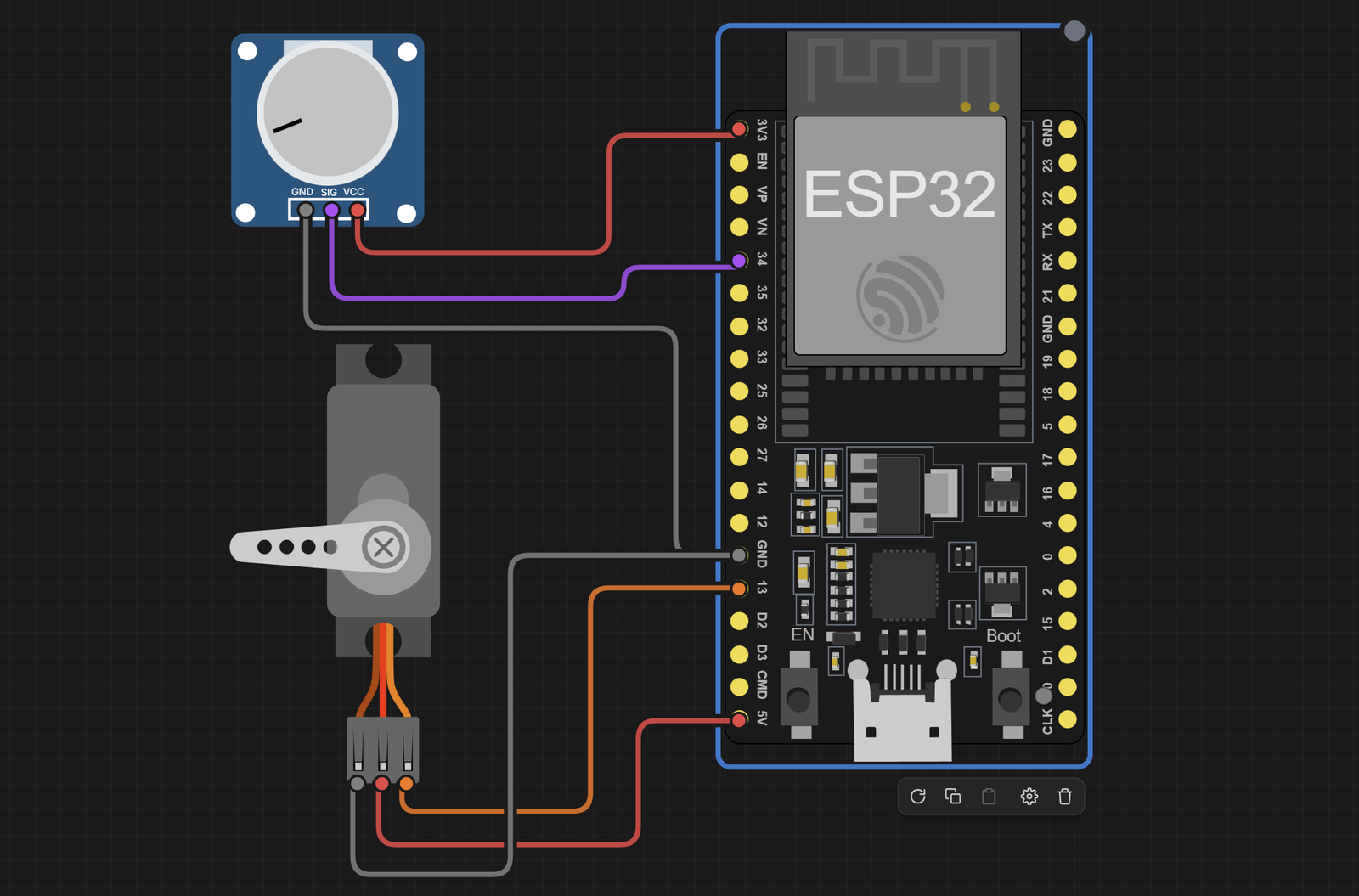 Electronics Lab wiring view: ESP32 5V to the servo V+, GPIO 13 to the servo PWM wire, 3V3 to the potentiometer VCC, GPIO 34 to the potentiometer SIG, and grounds shared