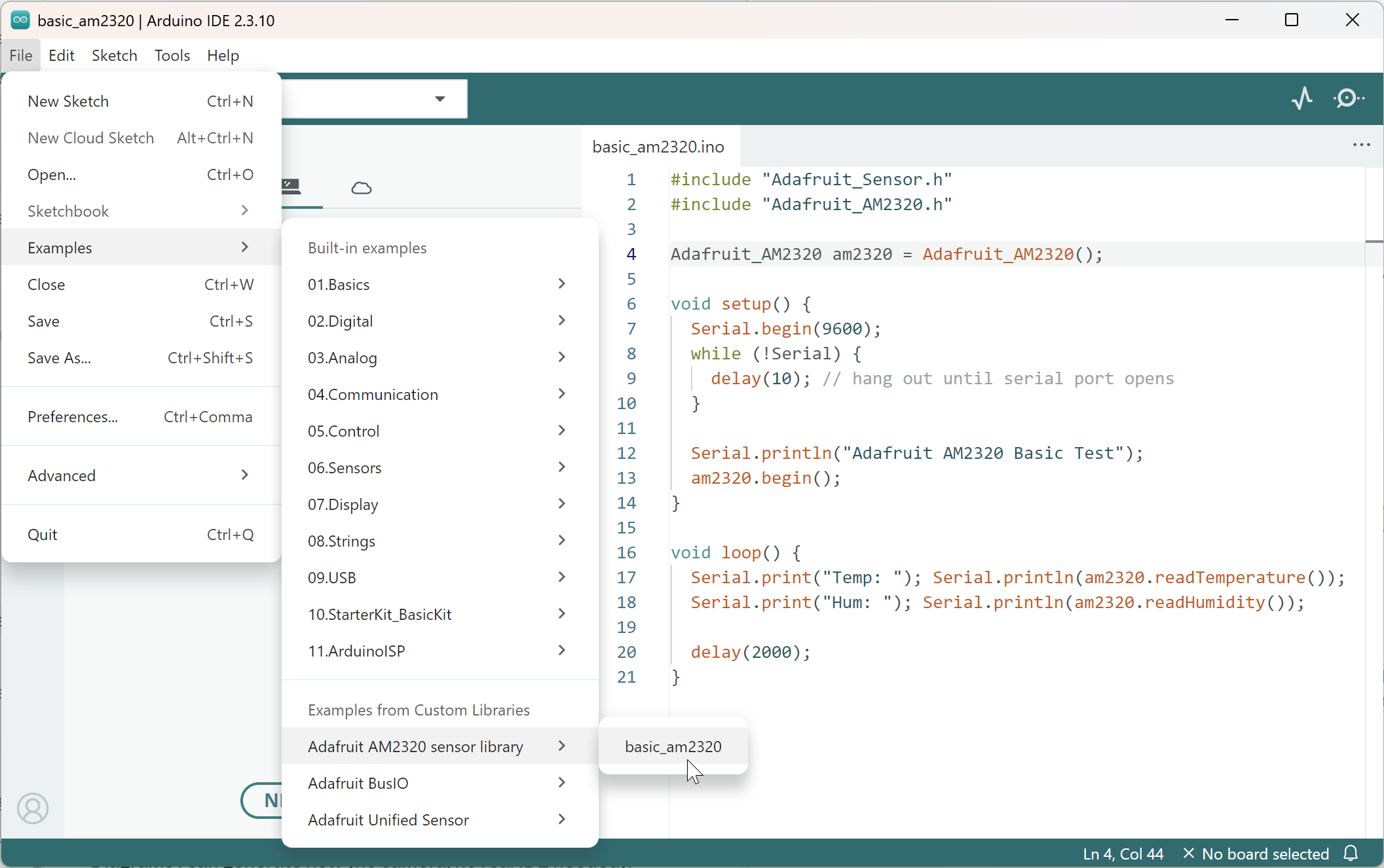 Arduino IDE File menu showing installed library example sketches