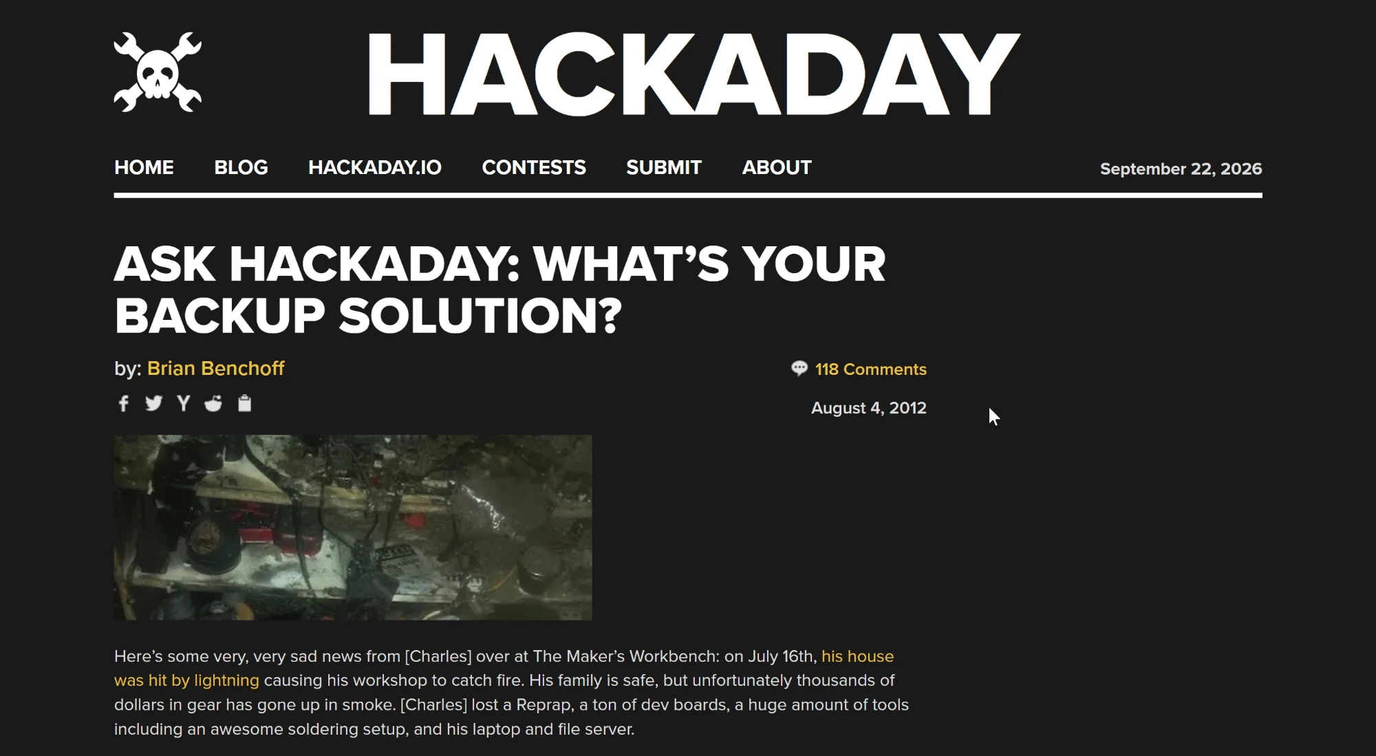 Hackaday's August 2012 coverage of the house fire, showing charred equipment on the workbench
