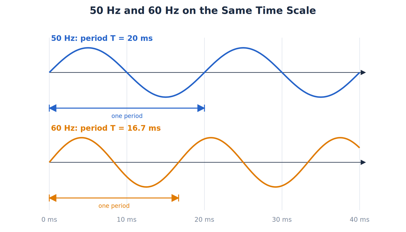 A 50Hz wave with a 20ms period and a 60Hz wave with a 16.7ms period drawn on the same 0 to 40ms time scale