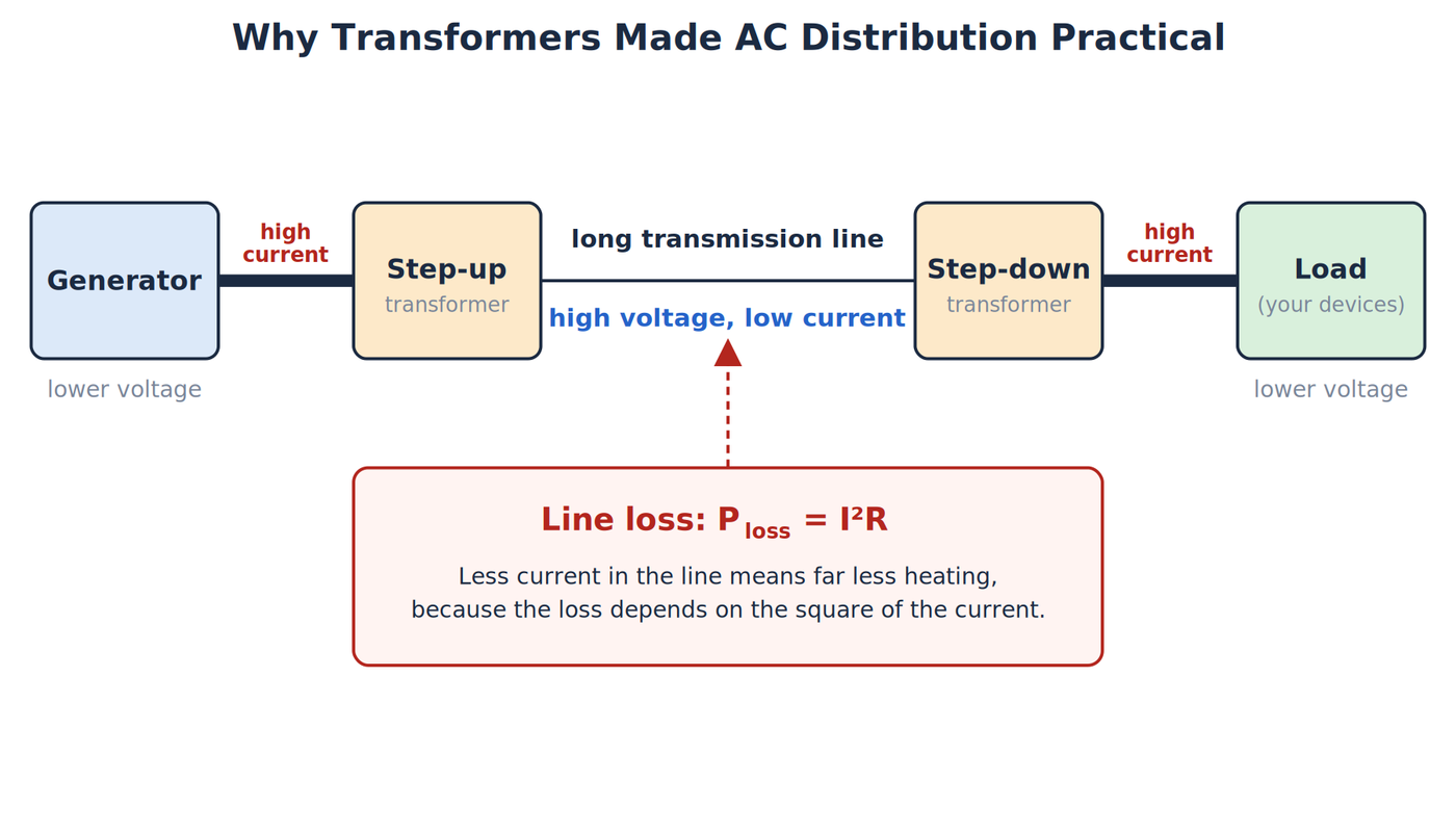 A generator, step-up transformer, long transmission line, step-down transformer and load, showing high voltage and low current on the line