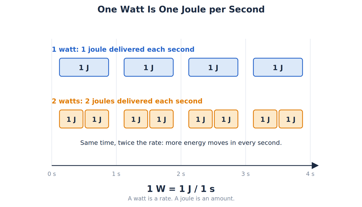 Blocks showing 1 watt delivering 1 joule each second and 2 watts delivering 2 joules each second over four seconds