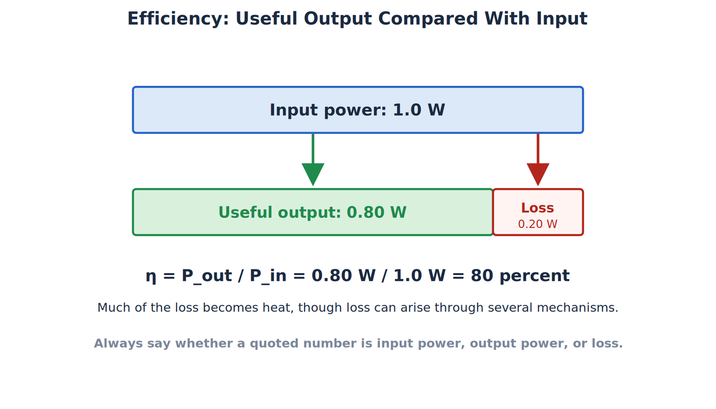 A 1.0W input bar split into 0.80W of useful output and 0.20W of loss, an efficiency of 80 percent