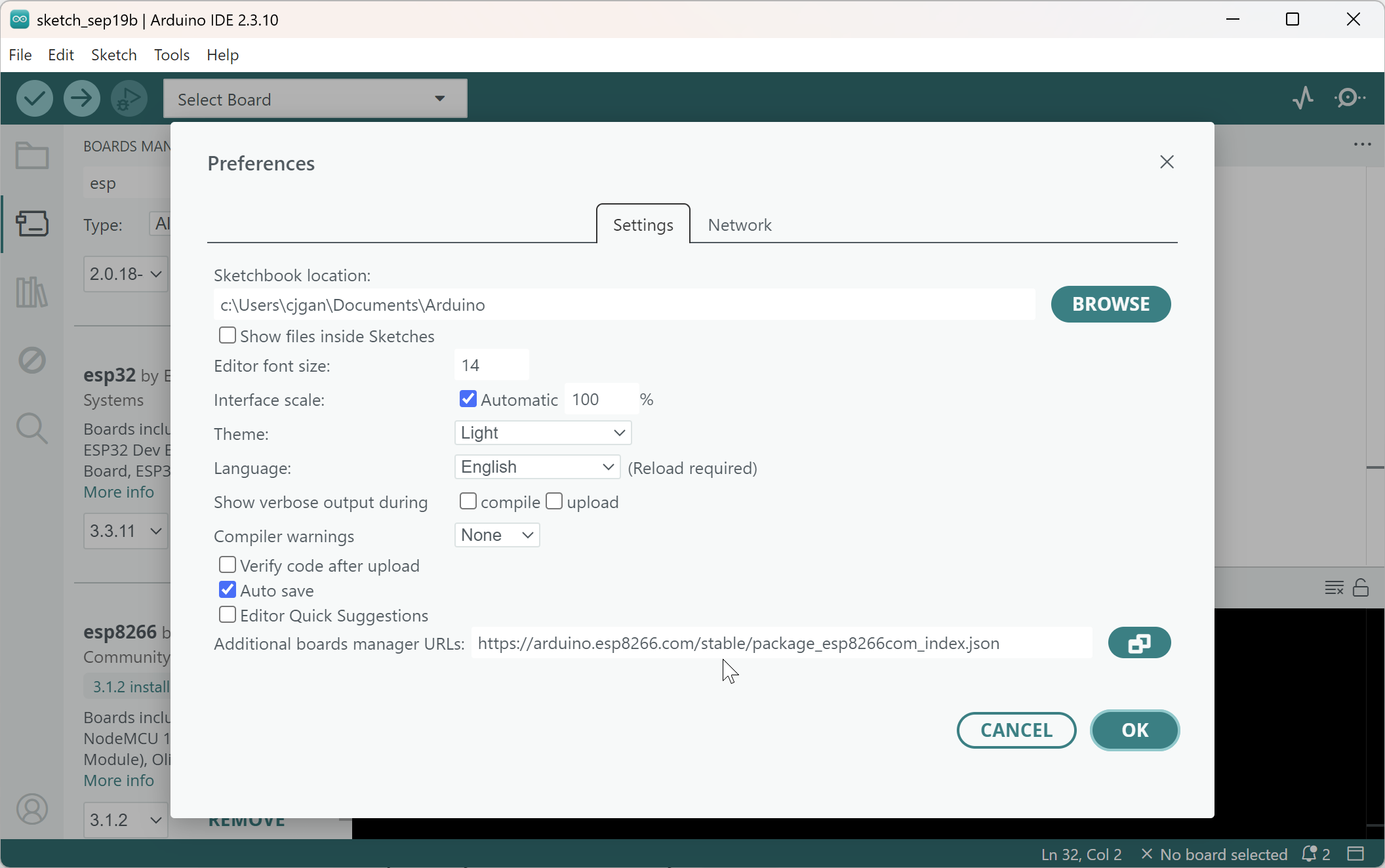 Preferences with a third-party Board Manager URL pasted into the Additional boards manager URLs field.