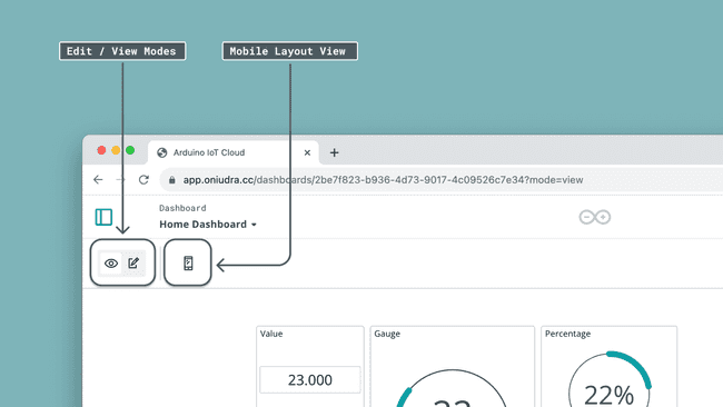 Arduino Cloud's Edit and View modes and the mobile layout toggle, which controls how a dashboard's widgets rearrange for the IoT Remote phone app.