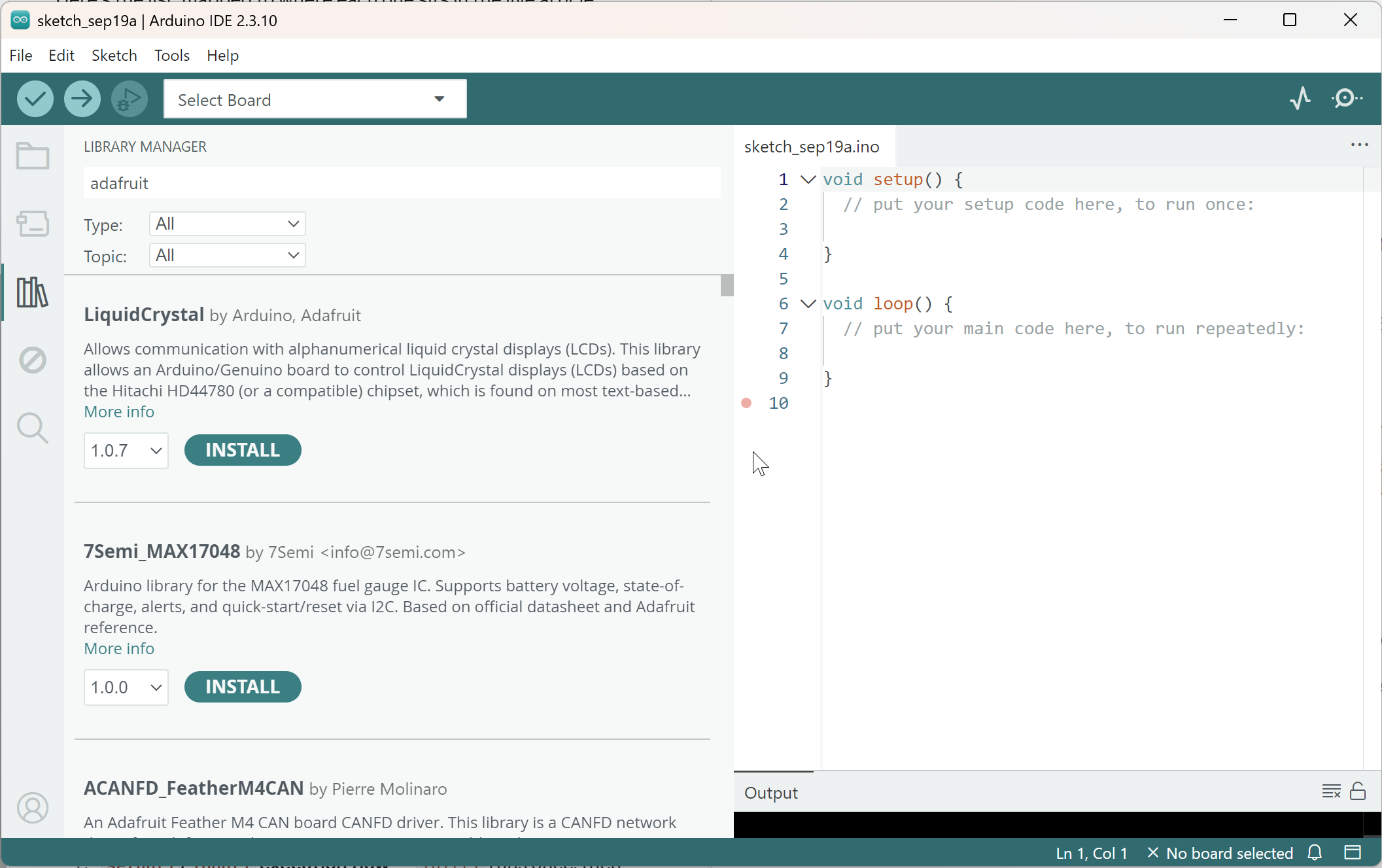 Arduino IDE Library Manager panel showing a search for a library
