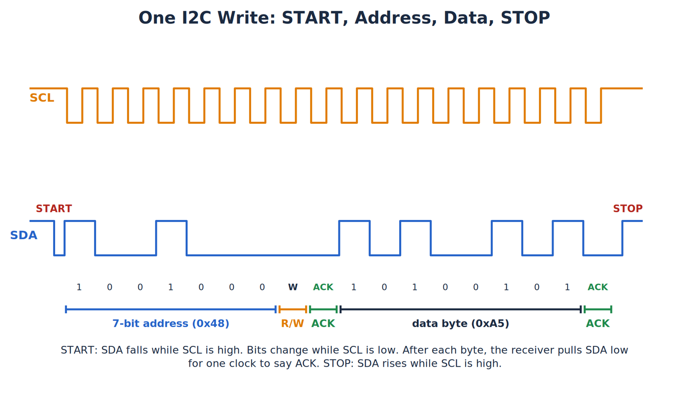 Timing of one I2C write: START, seven address bits for 0x48, the write bit, ACK, a data byte, ACK and STOP