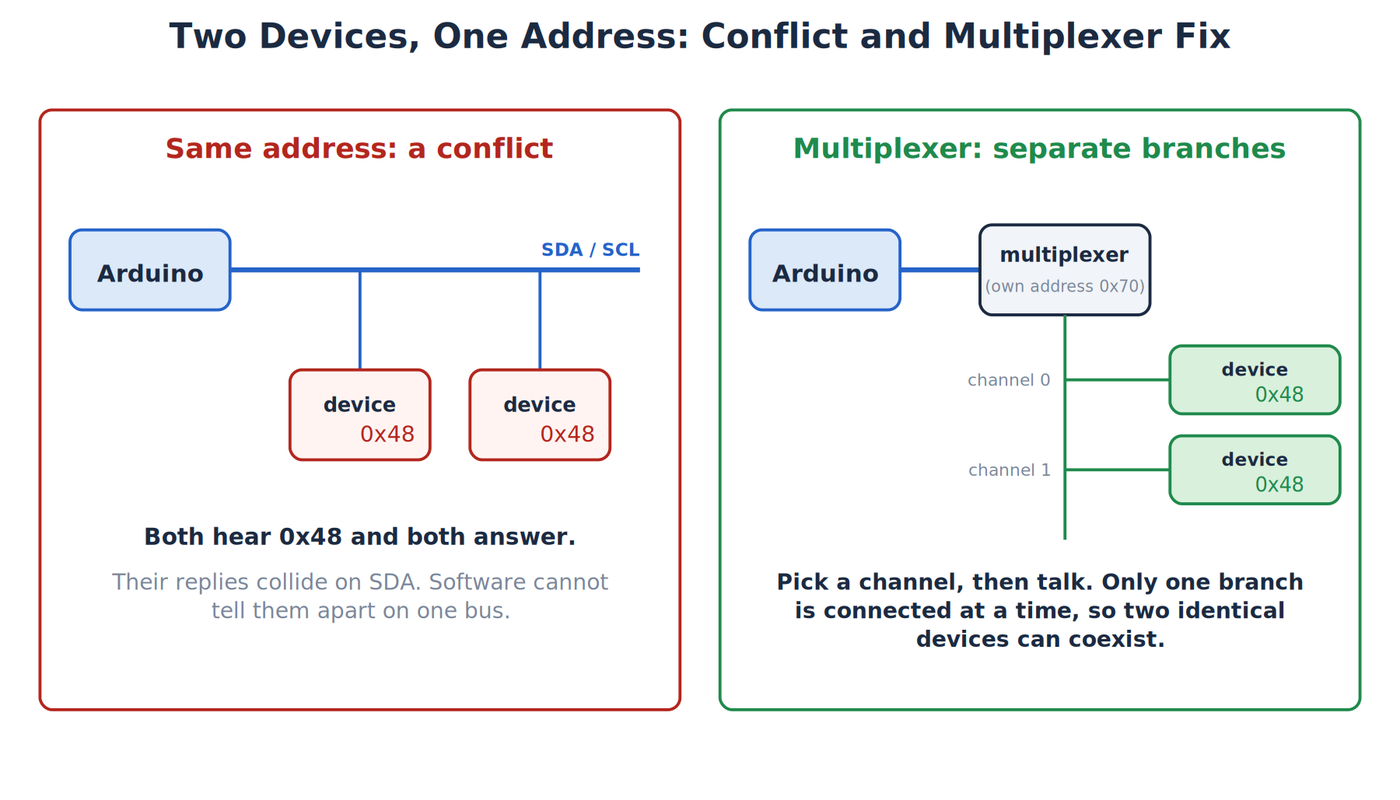 Two devices with the same address 0x48 colliding on one bus, and a multiplexer giving each its own branch