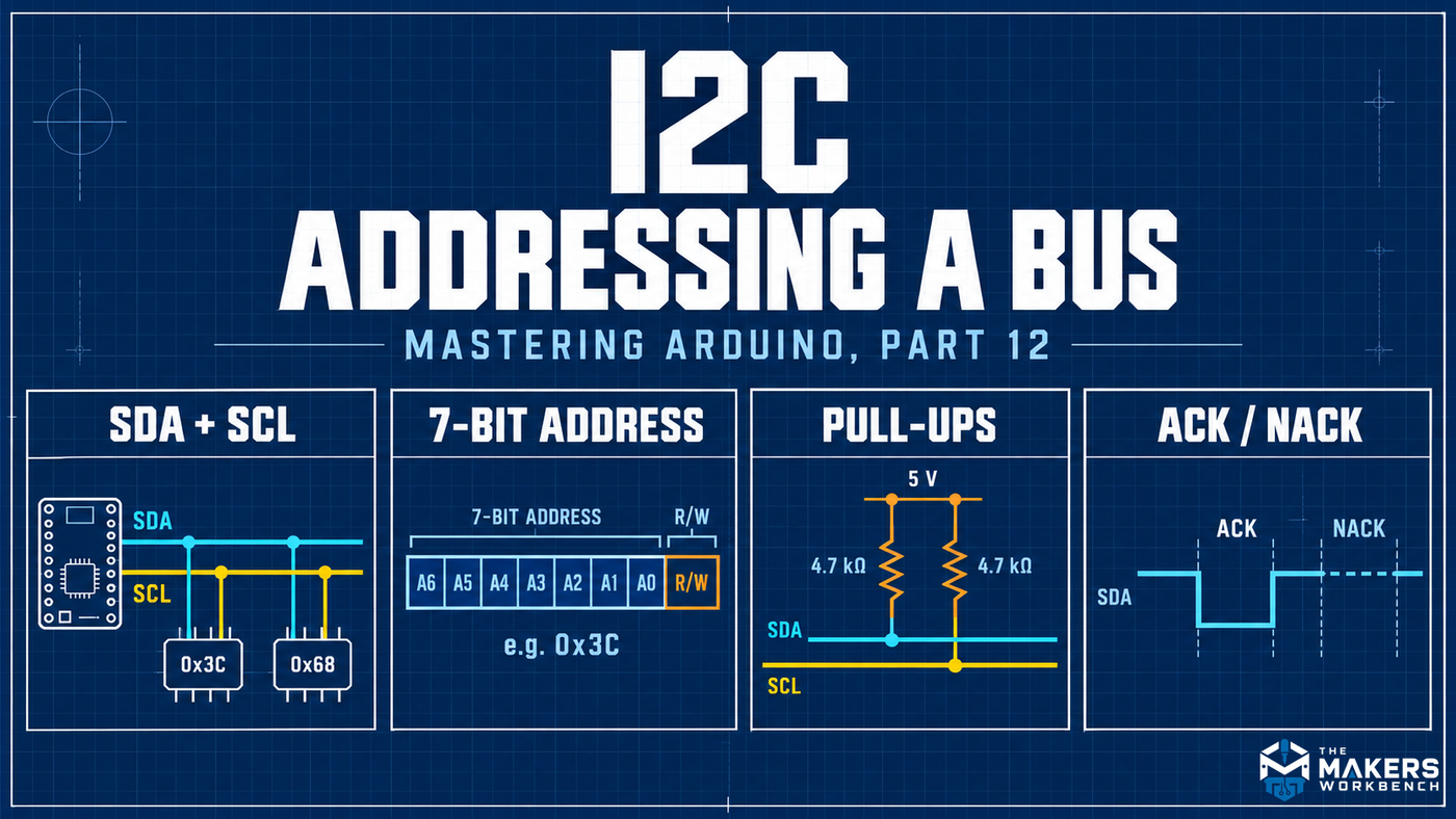 A four-panel summary of I2C: SDA and SCL shared by two devices at 0x3C and 0x68, a 7-bit address followed by a read/write bit, two 4.7 kilohm pull-up resistors to 5 volts, and the ACK and NACK levels on SDA