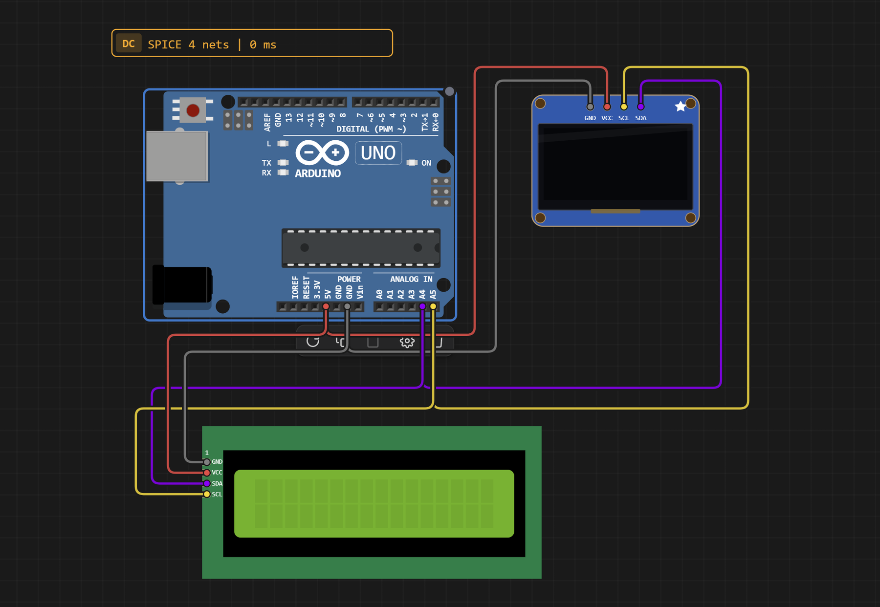 Wiring of the Velxio Lab: Uno A4 and A5 to the SDA and SCL pins of an OLED display and an I2C LCD, with 5V and GND to both