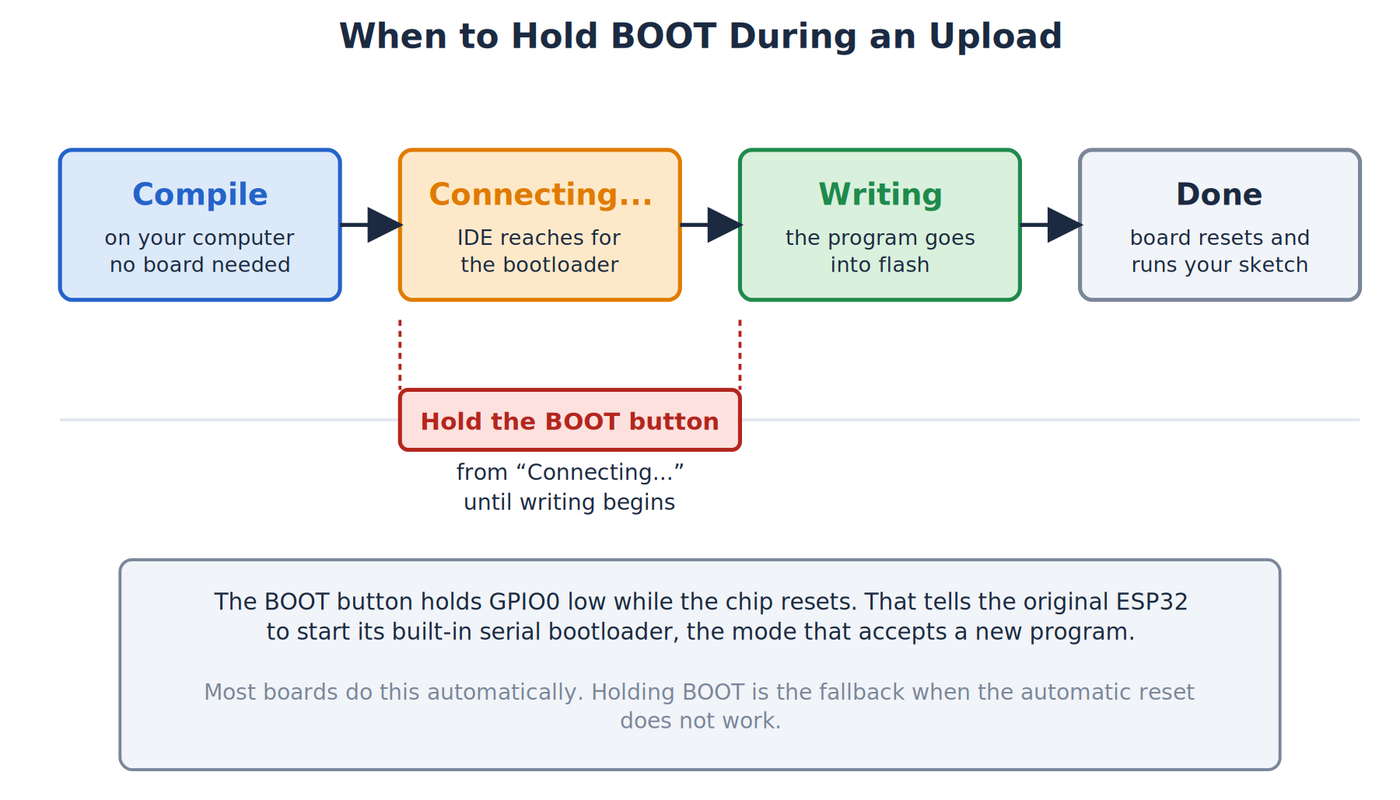 Four upload stages, compile, connecting, writing and done, with the BOOT button held from connecting until writing begins