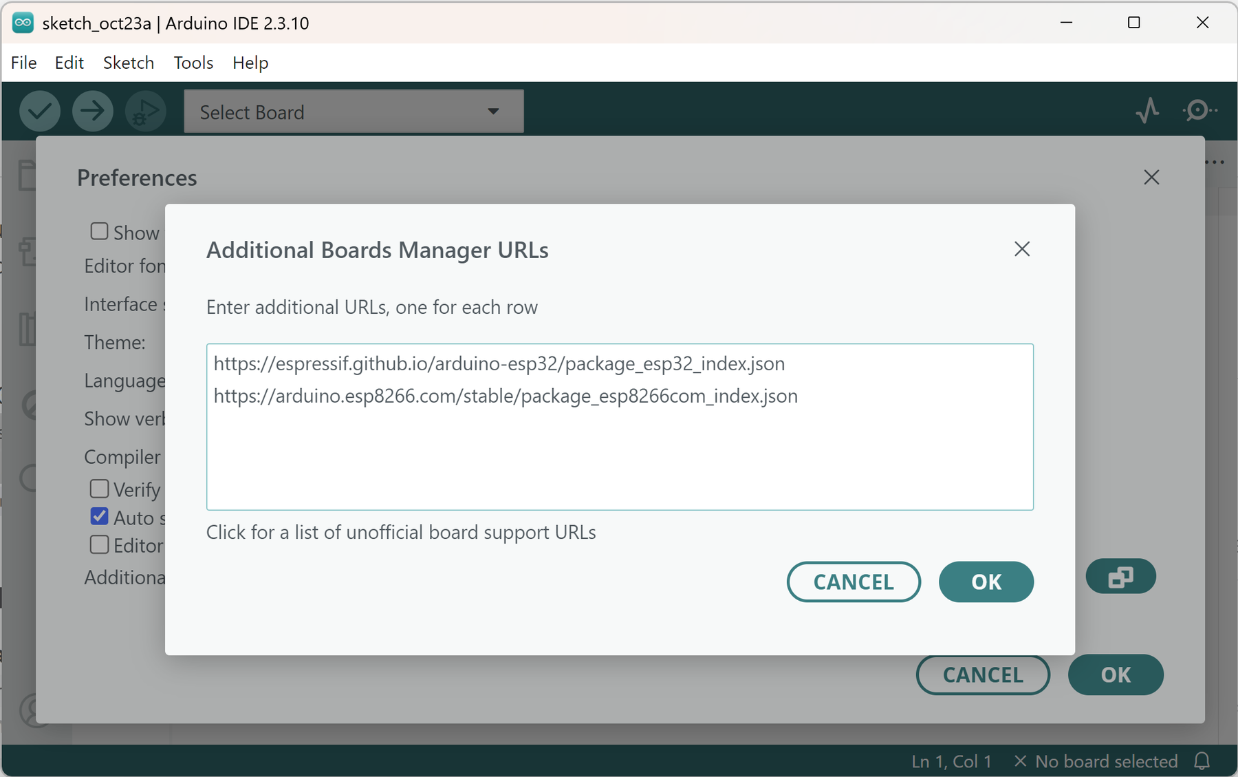 Arduino IDE 2 Preferences dialog with the Additional Boards Manager URLs window open and the Espressif stable URL entered