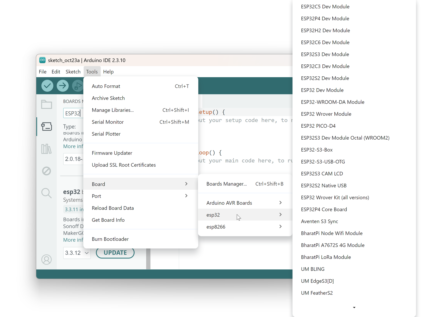 Arduino IDE 2 with Boards Manager showing esp32 by Espressif Systems and its version drop-down, and the Tools, Board, esp32 menu listing ESP32 Dev Module