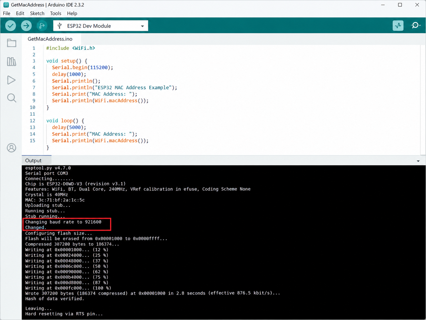 Arduino IDE output panel during an upload, with the line Changing baud rate to 921600 outlined