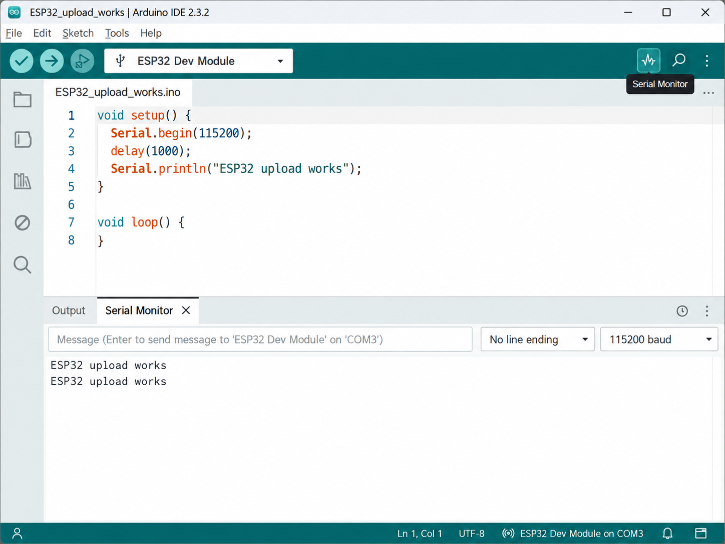 Arduino IDE 2 Serial Monitor at 115200 baud showing the line ESP32 upload works