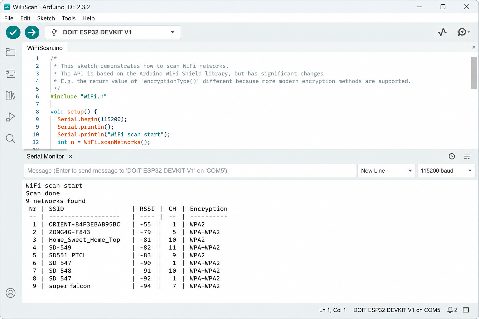 Arduino IDE 2 Serial Monitor showing the WiFiScan example listing nine nearby networks with signal strength, channel and encryption